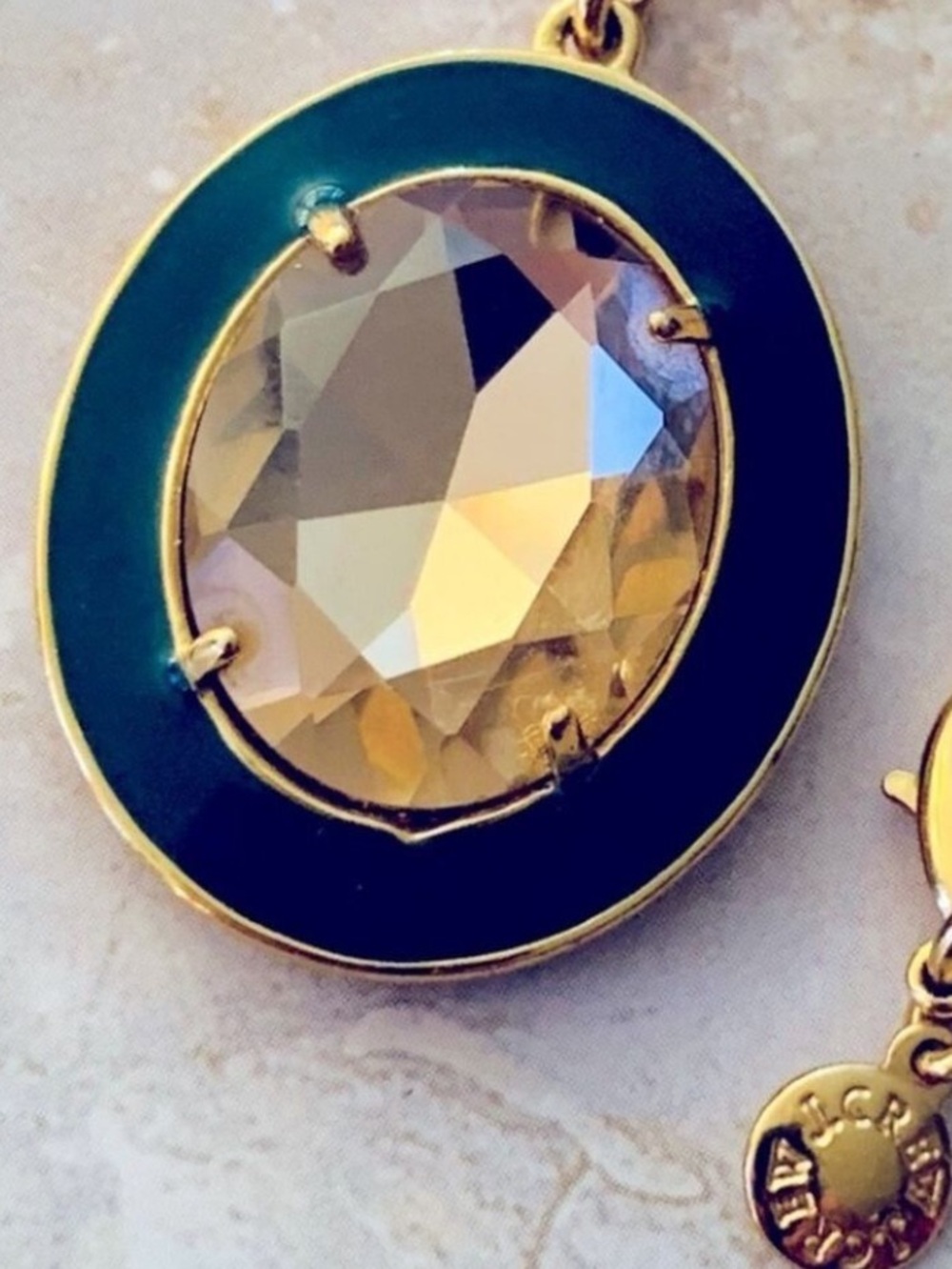 J Crew Gold Tone Champagne Crystal Green Long Pendant Necklace 36”